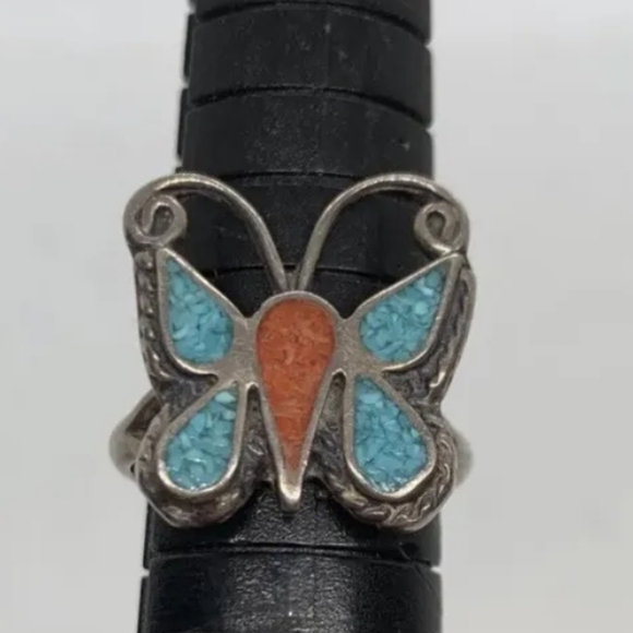 AUTHENTIC STERLING SILVER HANDMADE REAL TURQUOISE BUTTERFLY RING SIZE SMALL 6 - Picture 1 of 2
